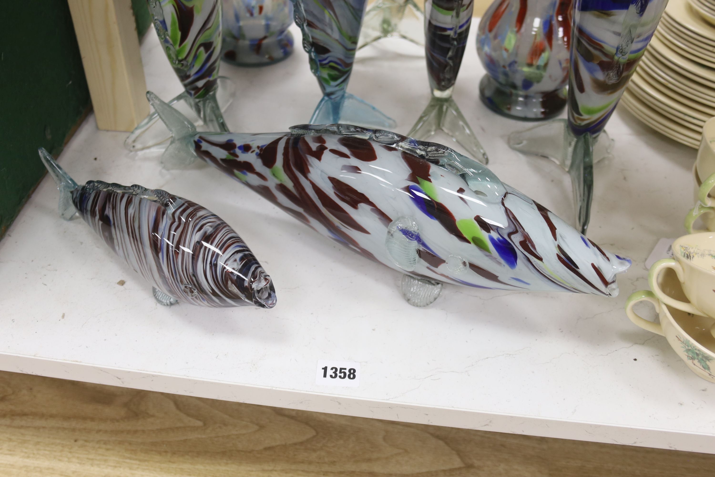 Collection of Murano glass fish and a pair of vases